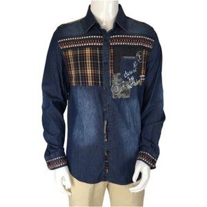 NWT Desigual Men's Denim Shirt Monogram Details Blue Sz XL